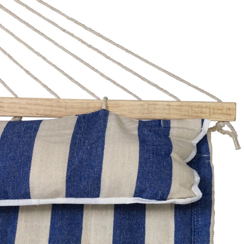 Striped Macrame Quilted Two Person Double Hammock with Pillow - 9 x 55" - Blue and Cream