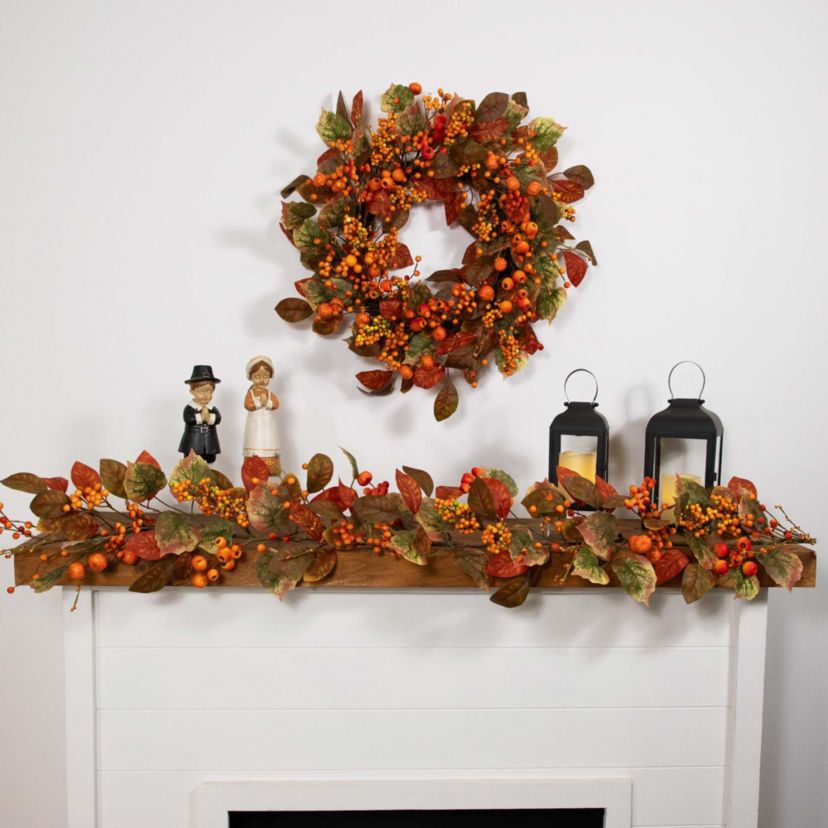 Mini Gourds and Berries Artificial Fall Harvest Wreath - 24" - Orange and Green - Unlit