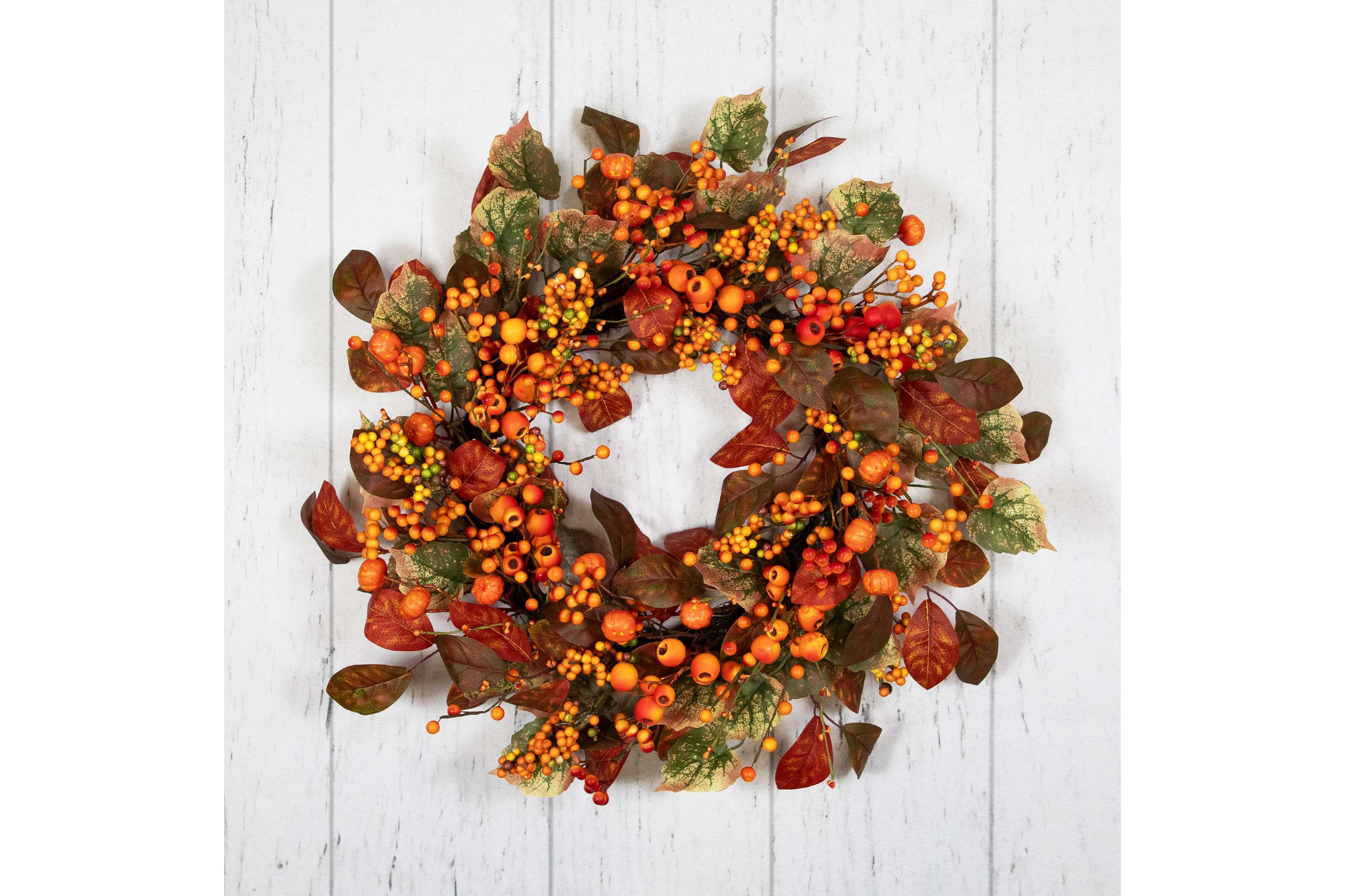 Mini Gourds and Berries Artificial Fall Harvest Wreath - 24" - Orange and Green - Unlit