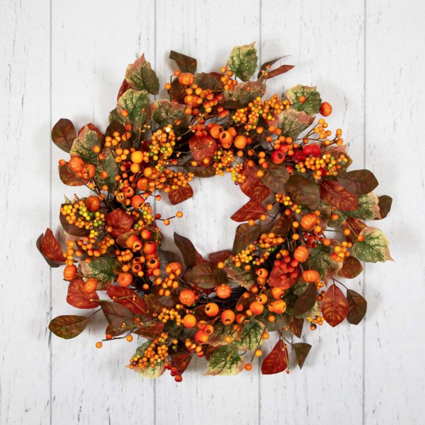 Mini Gourds and Berries Artificial Fall Harvest Wreath - 24" - Orange and Green - Unlit