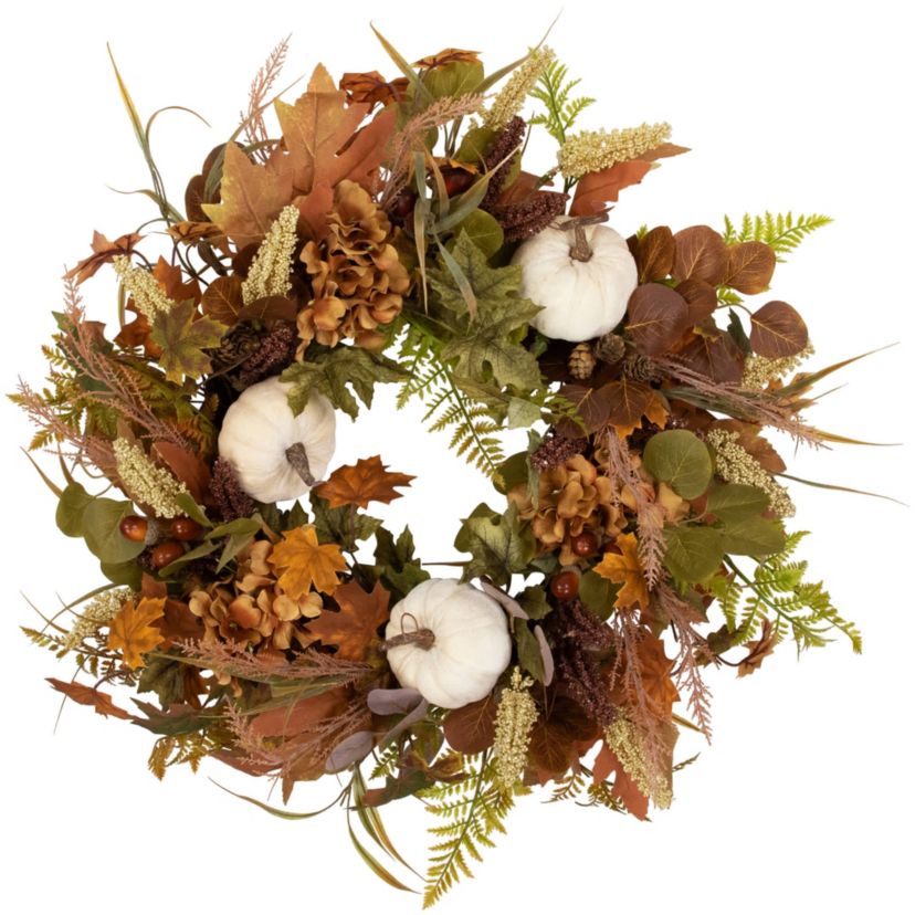 Pumpkins and Leaves Artificial Fall Harvest Wreath - 26" - Unlit