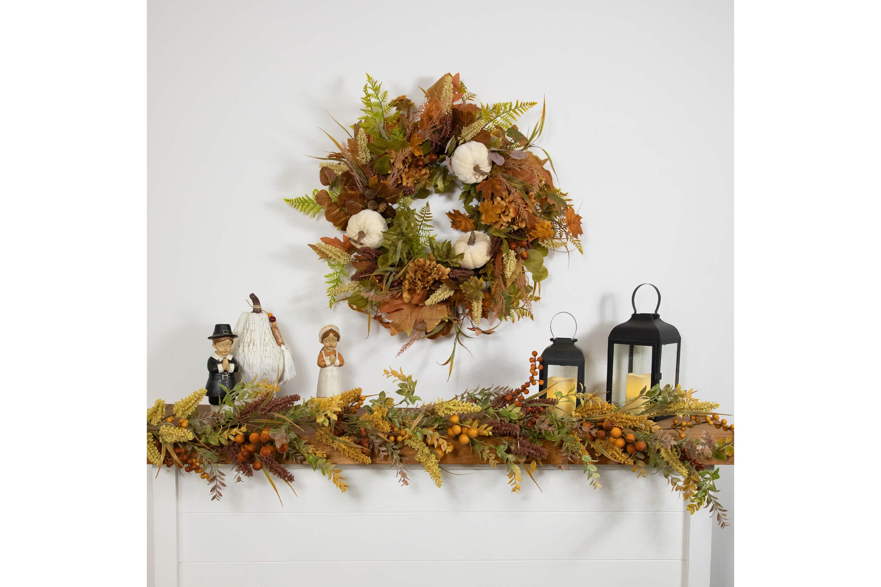 Pumpkins and Leaves Artificial Fall Harvest Wreath - 26" - Unlit