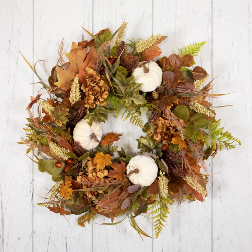 Pumpkins and Leaves Artificial Fall Harvest Wreath - 26" - Unlit