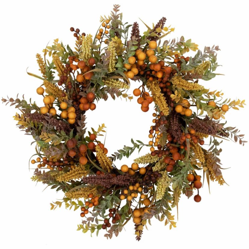 Real Touch™️ Mixed Foliage and Berries Artificial Fall Harvest Wreath - 24" - Unlit