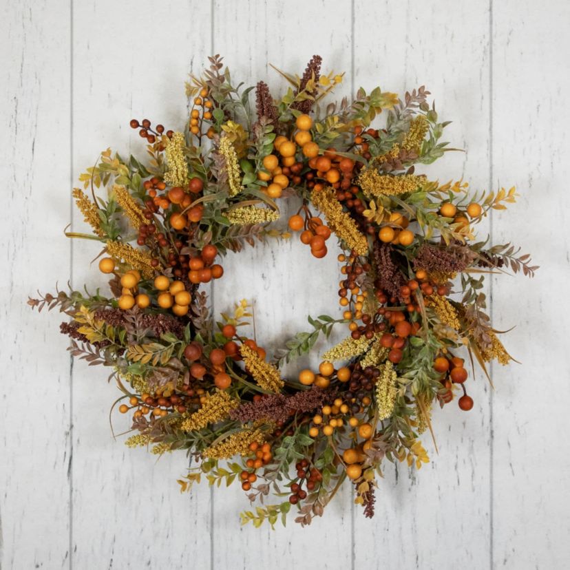 Real Touch™️ Mixed Foliage and Berries Artificial Fall Harvest Wreath - 24" - Unlit