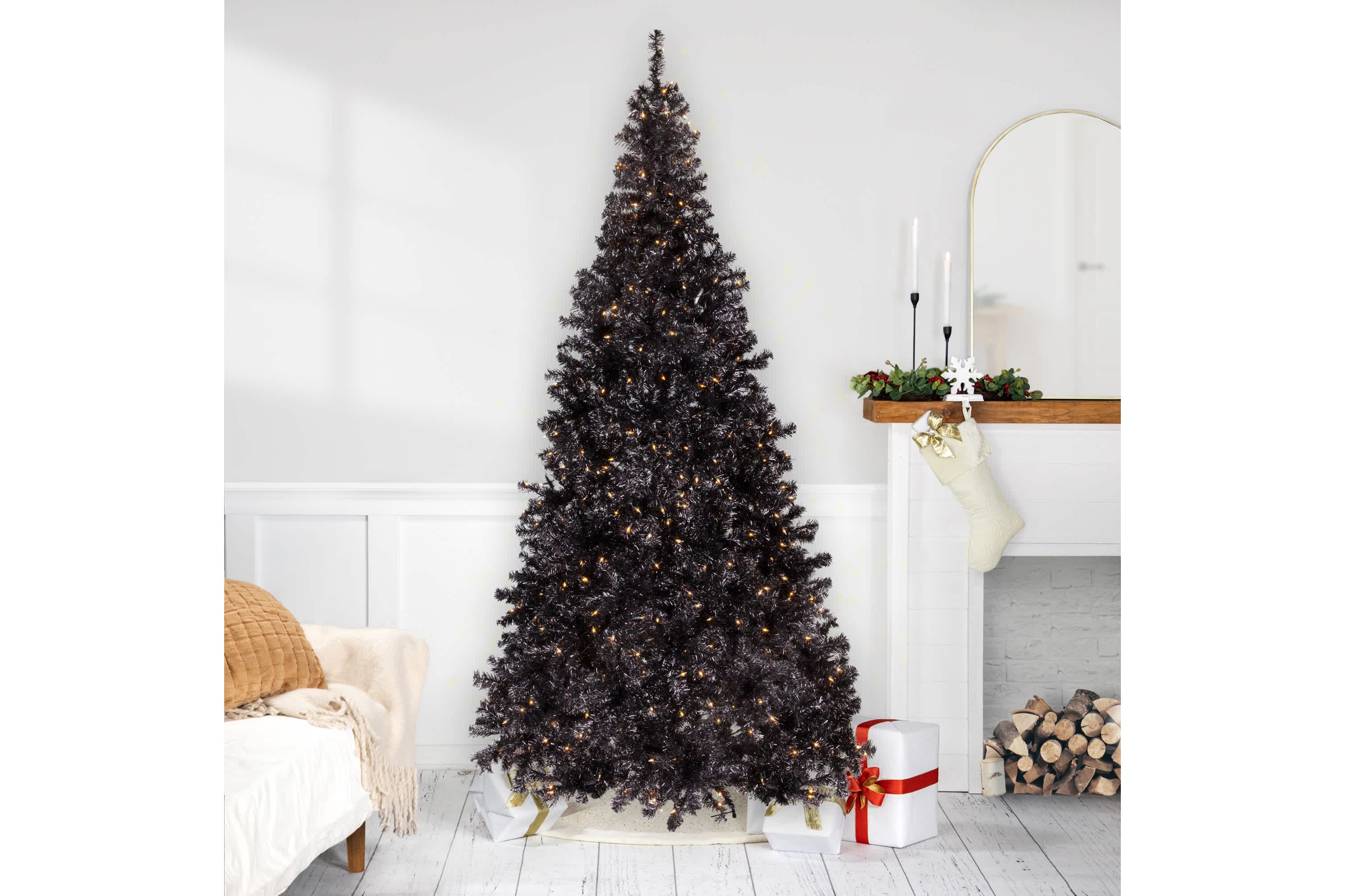 Pre-Lit Artificial Tinsel Halloween Tree - 9 - Black - Clear Lights