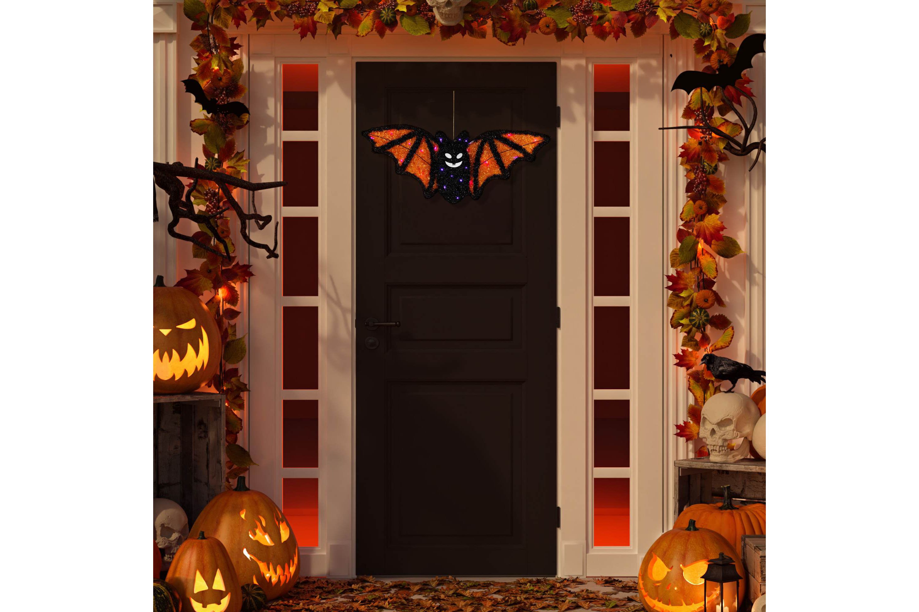 Lighted Bat Halloween Decoration - 25" - Black and Orange - Purple LED Lights