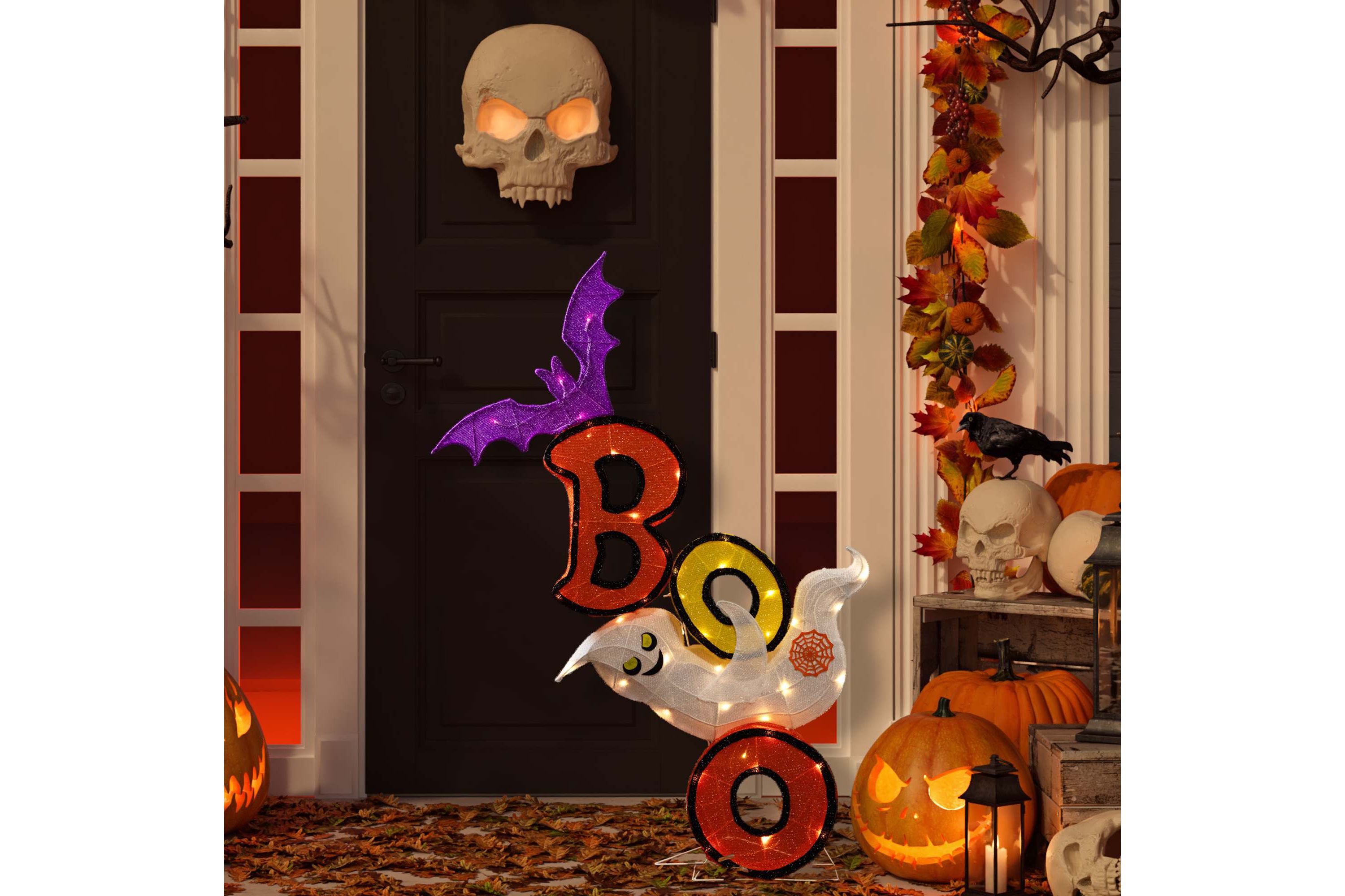 Lighted Bat and Ghost "BOO" Halloween Decoration - 4.5 - Warm White LED Lights