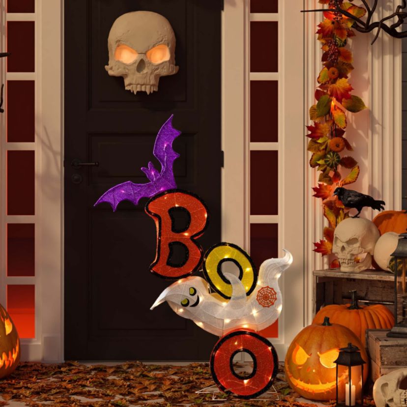 Lighted Bat and Ghost "BOO" Halloween Decoration - 4.5 - Warm White LED Lights
