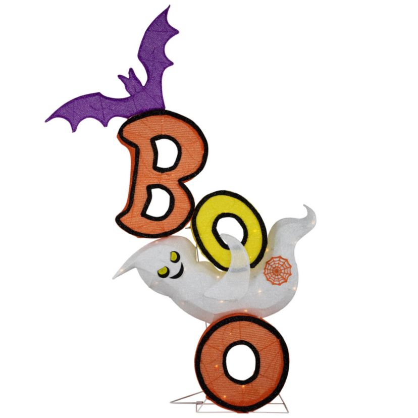 Lighted Bat and Ghost "BOO" Halloween Decoration - 4.5 - Warm White LED Lights