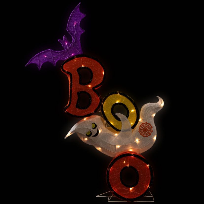 Lighted Bat and Ghost "BOO" Halloween Decoration - 4.5 - Warm White LED Lights