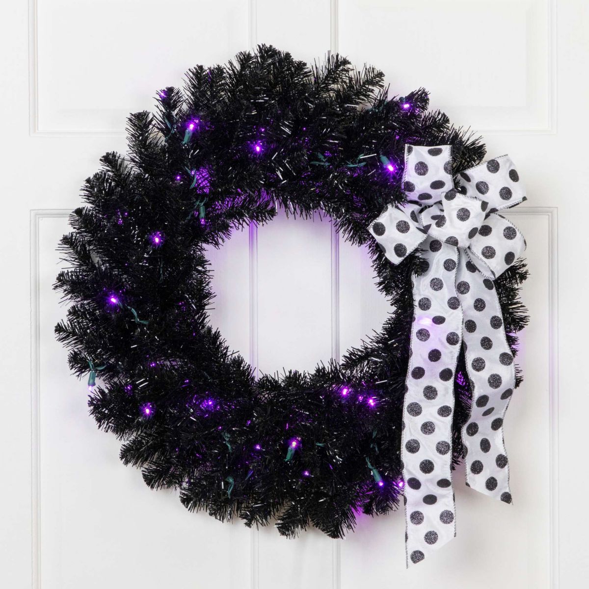 Black Crystal Pine Artificial Halloween Wreath - 24" - LED Purple