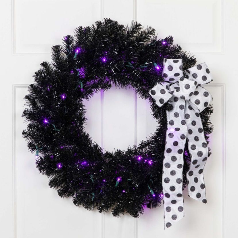 Black Crystal Pine Artificial Halloween Wreath - 24" - LED Purple