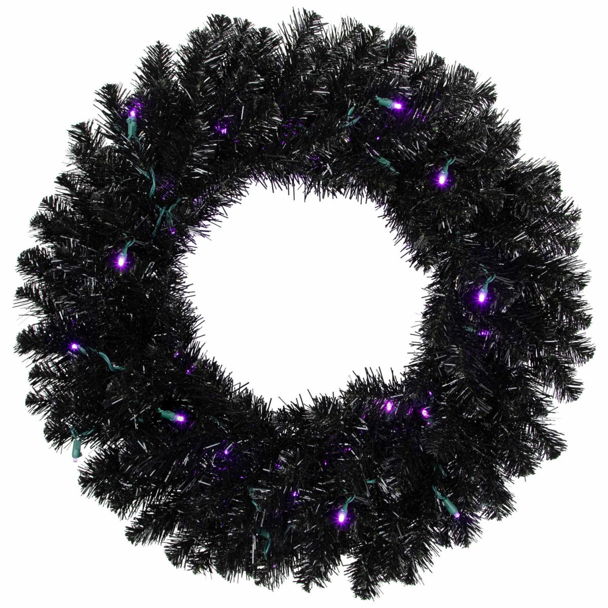 Black Crystal Pine Artificial Halloween Wreath - 24" - LED Purple