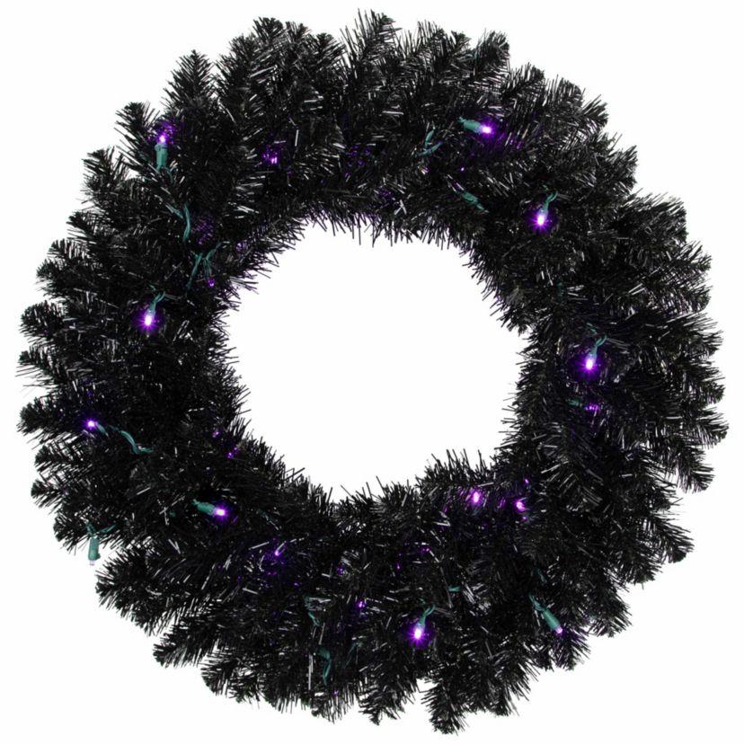 Black Crystal Pine Artificial Halloween Wreath - 24" - LED Purple