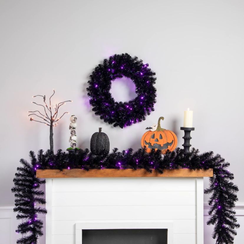 Black Crystal Pine Artificial Halloween Wreath - 24" - LED Purple