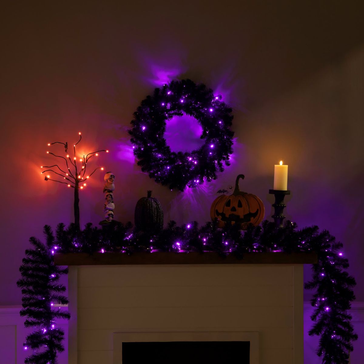 Black Crystal Pine Artificial Halloween Wreath - 24" - LED Purple