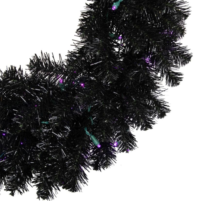 Black Crystal Pine Artificial Halloween Wreath - 24" - LED Purple