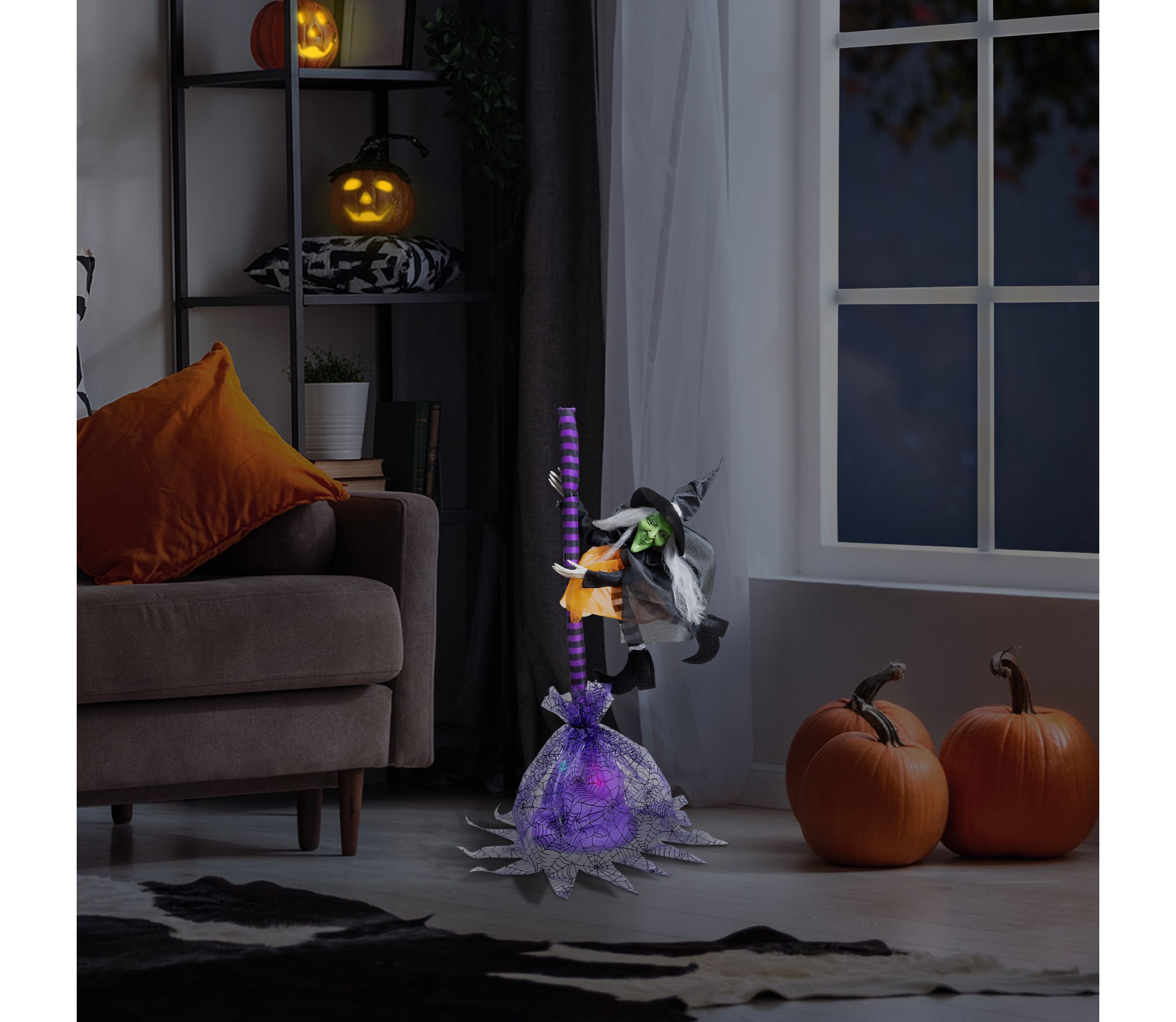 Animated Flying Witch with Broom Halloween Decoration - 25"