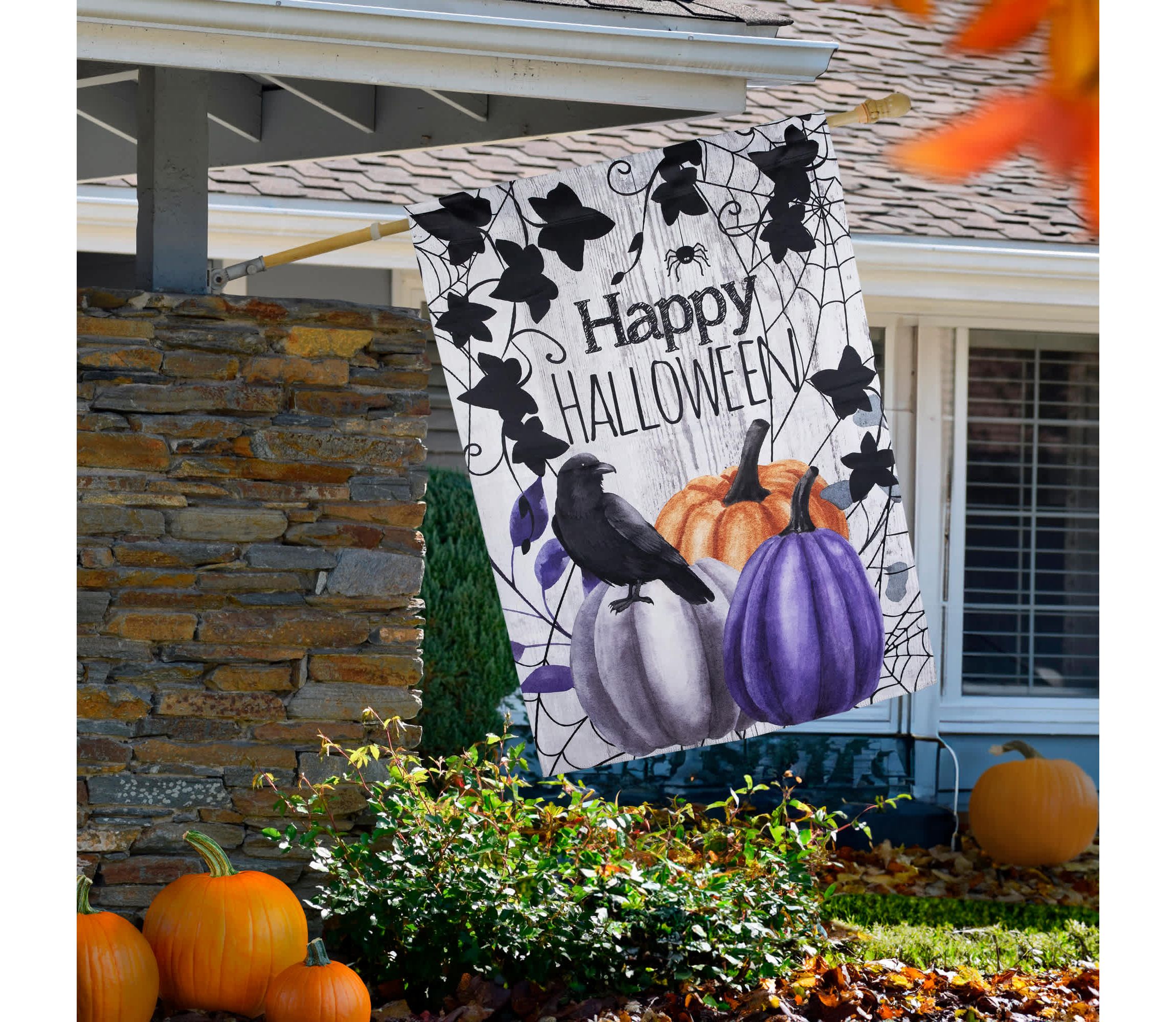 Pumpkins and Crow "Happy Halloween" Outdoor House Flag - 40" x 28"