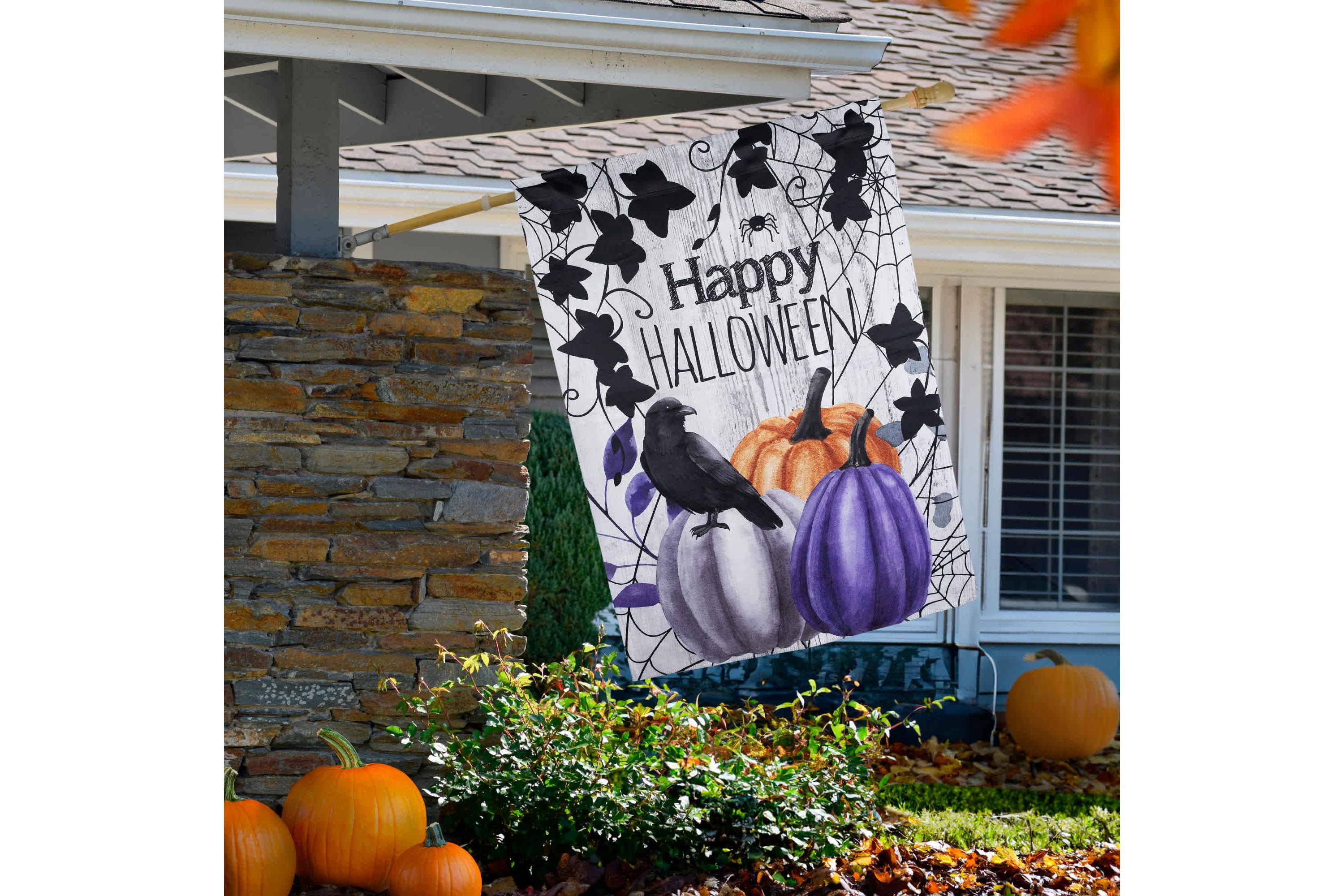 Pumpkins and Crow "Happy Halloween" Outdoor House Flag - 40" x 28"
