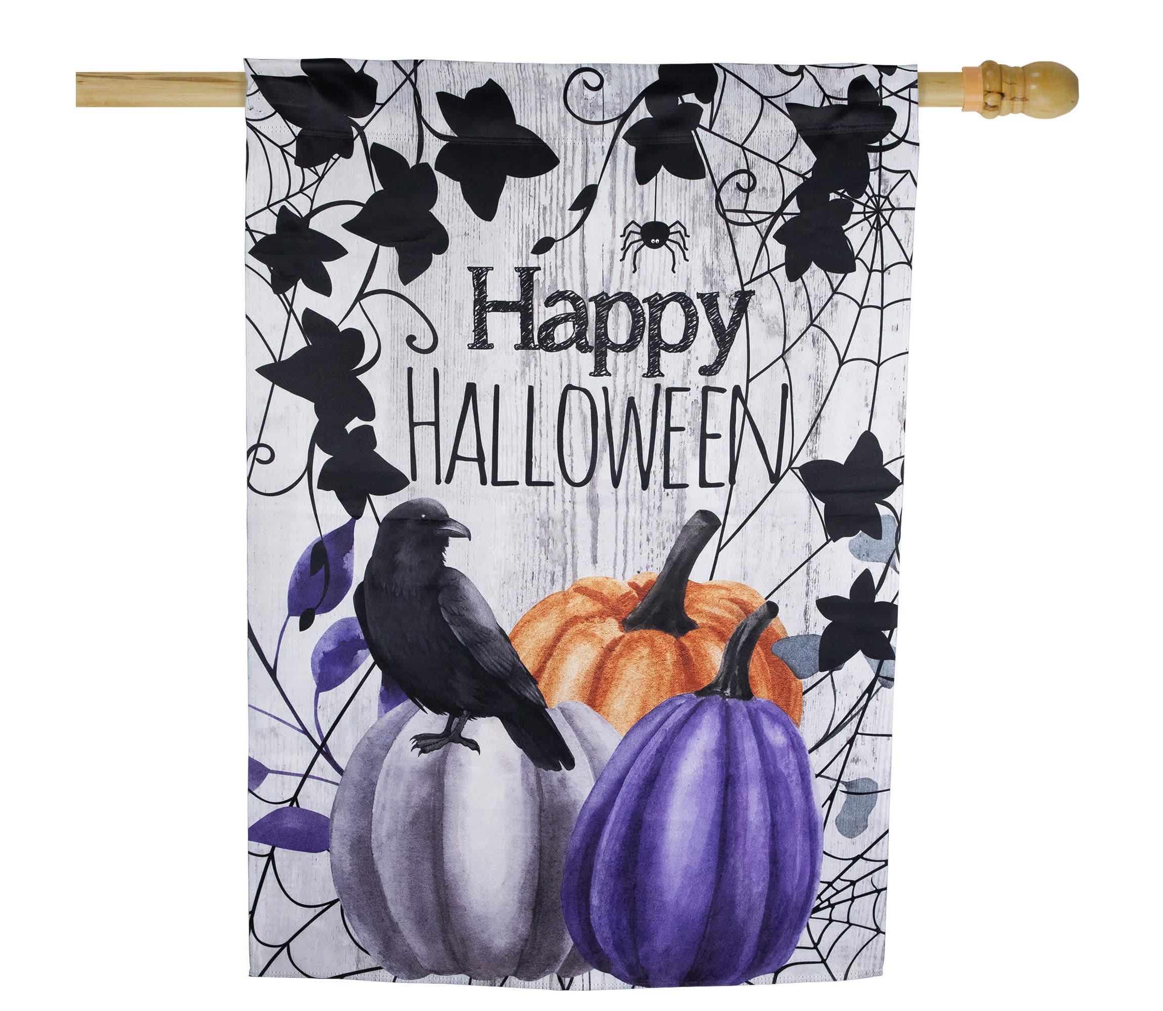 Pumpkins and Crow "Happy Halloween" Outdoor House Flag - 40" x 28"