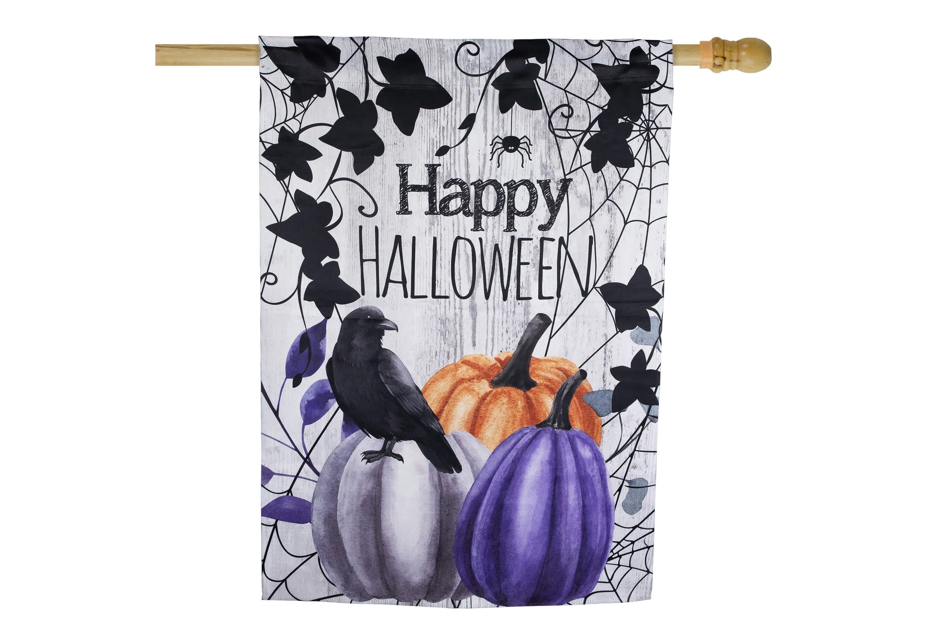 Pumpkins and Crow "Happy Halloween" Outdoor House Flag - 40" x 28"