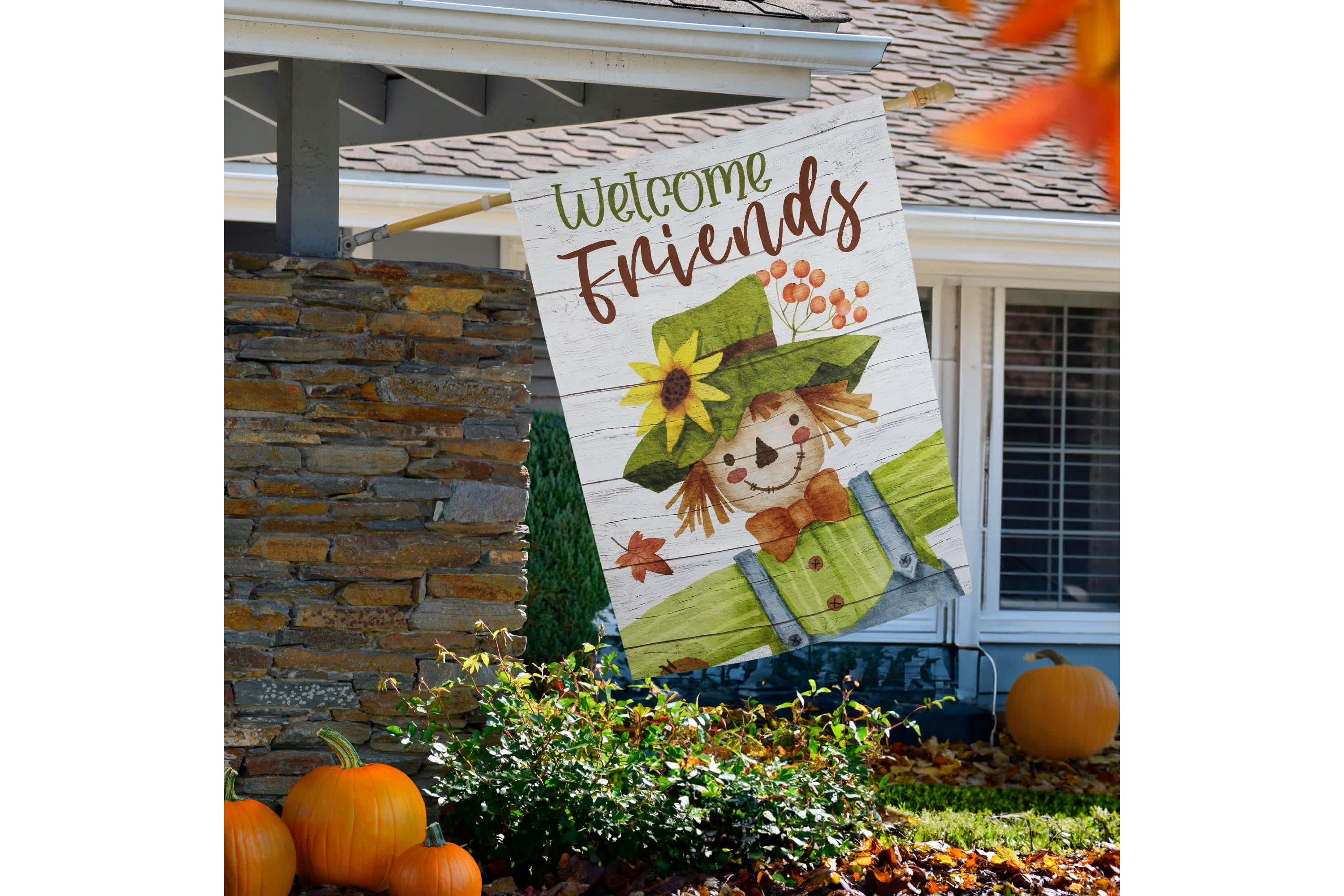 Scarecrow "Welcome Friends" Fall Harvest Outdoor House Flag - 40" x 28"