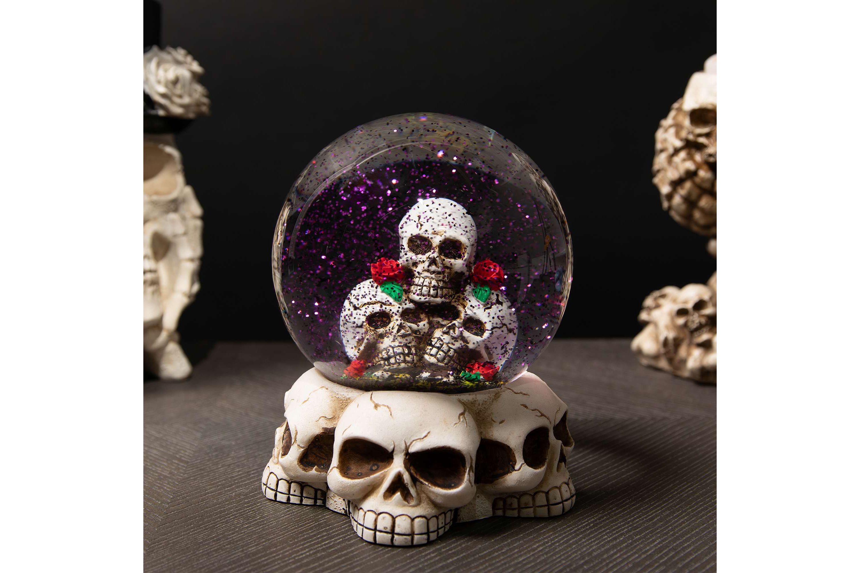 LED Lighted Skulls and Roses Halloween Snow Globe with Sound - 6"