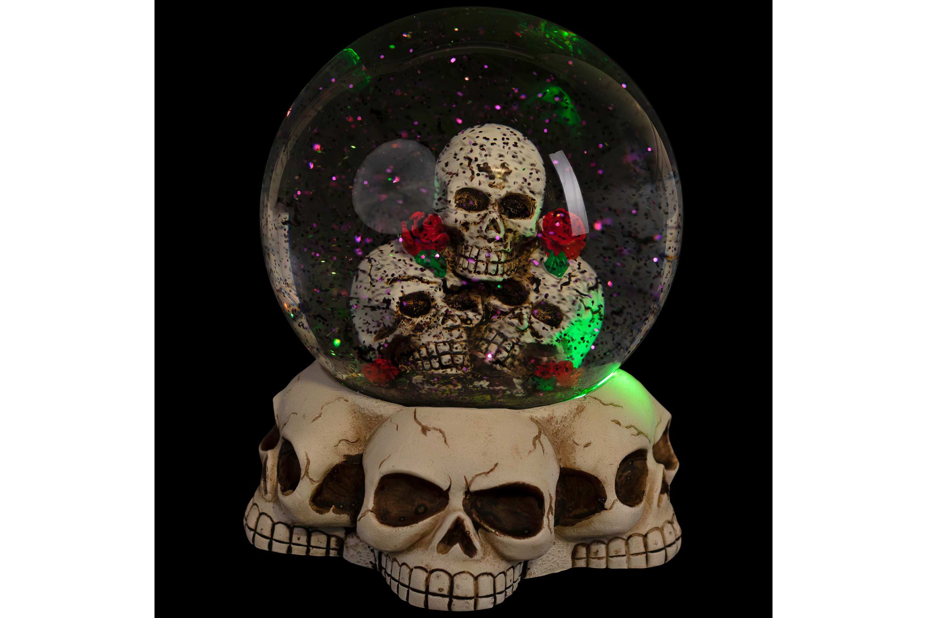 LED Lighted Skulls and Roses Halloween Snow Globe with Sound - 6"