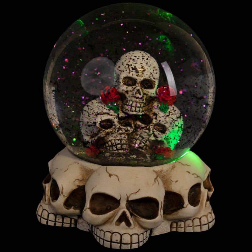 LED Lighted Skulls and Roses Halloween Snow Globe with Sound - 6"