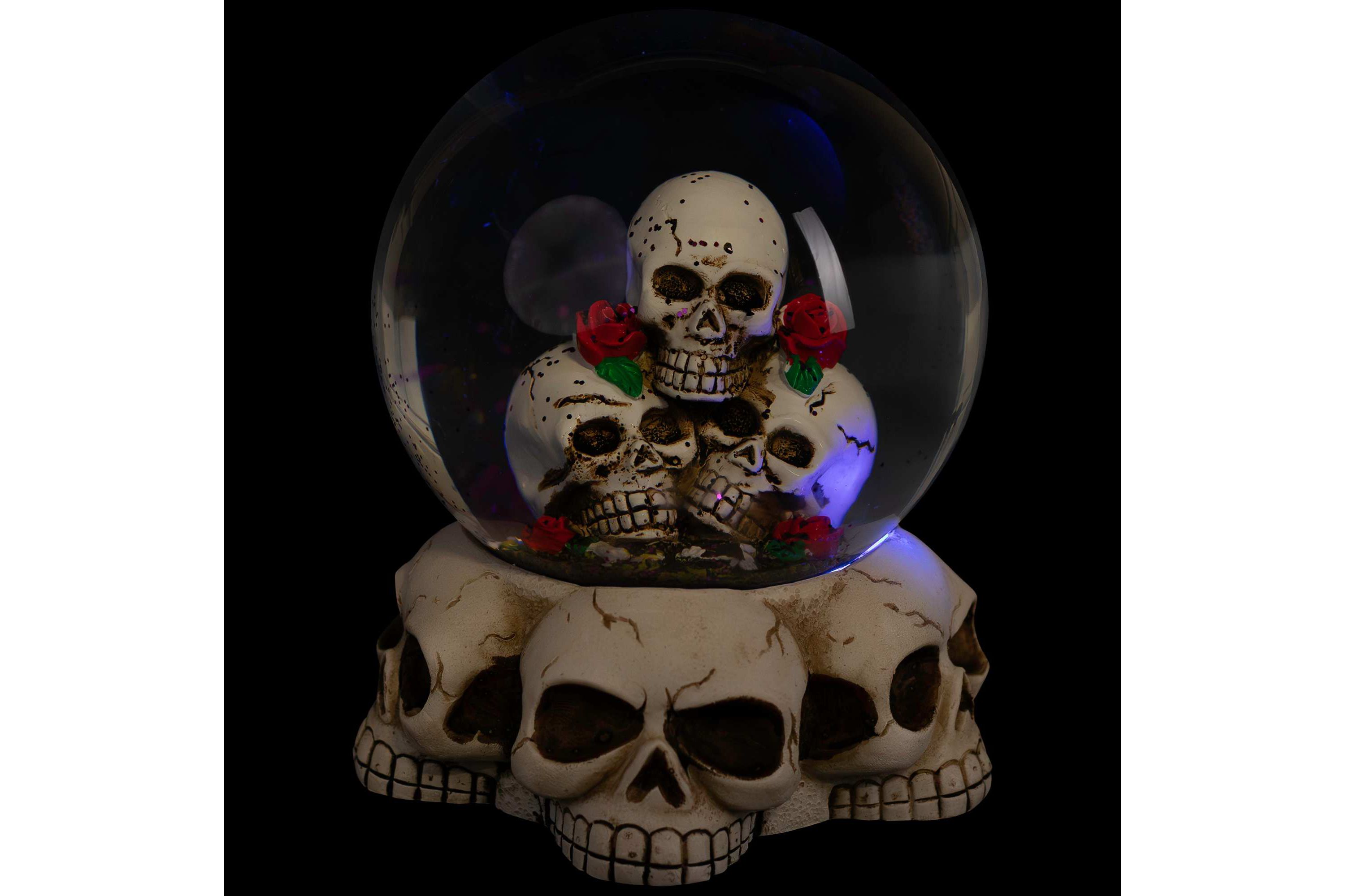 LED Lighted Skulls and Roses Halloween Snow Globe with Sound - 6"