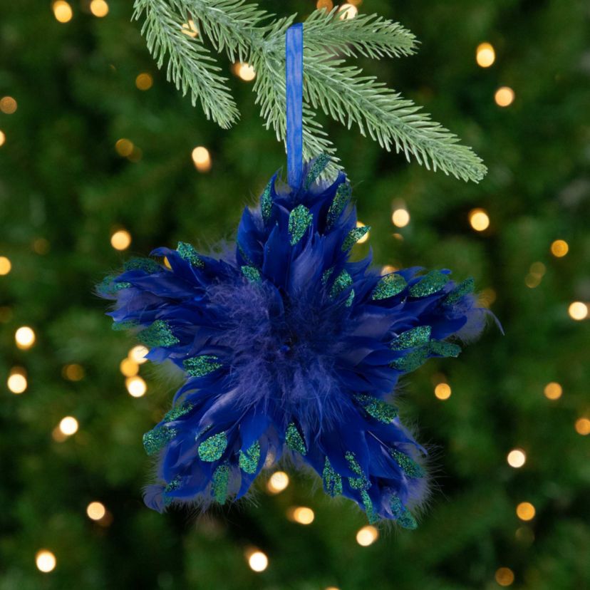 Plush Glittery Peacock Feather Star Shaped Christmas Ornament - 9" - Blue