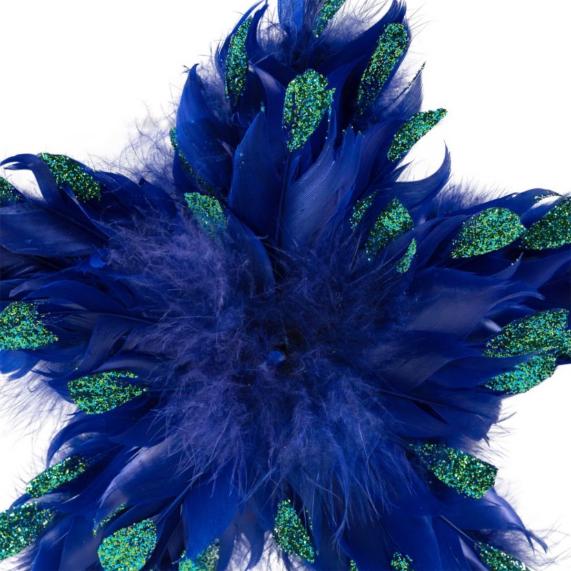 Plush Glittery Peacock Feather Star Shaped Christmas Ornament - 9" - Blue