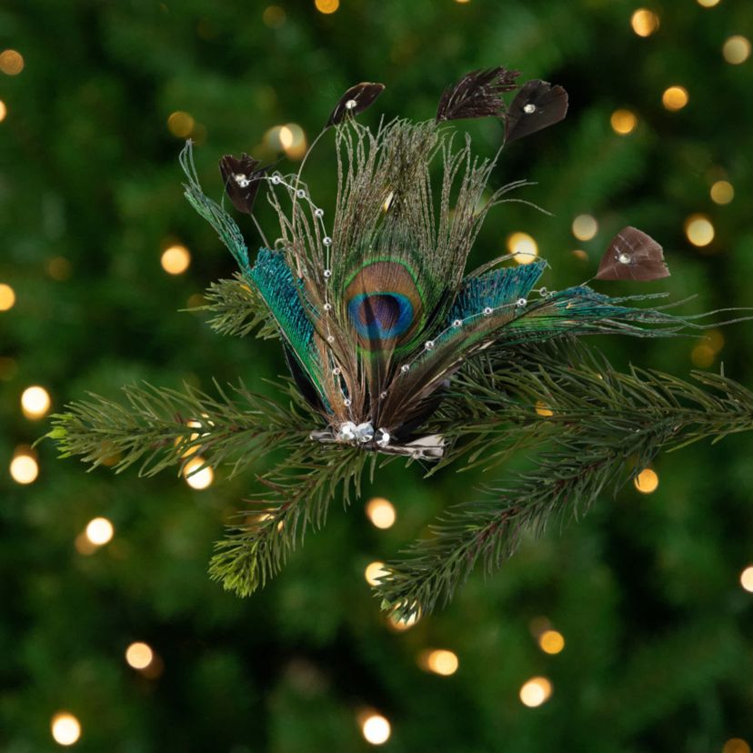 Peacock Ocelli Feather Clip-On Christmas Ornament -6" - Brown Green and Blue