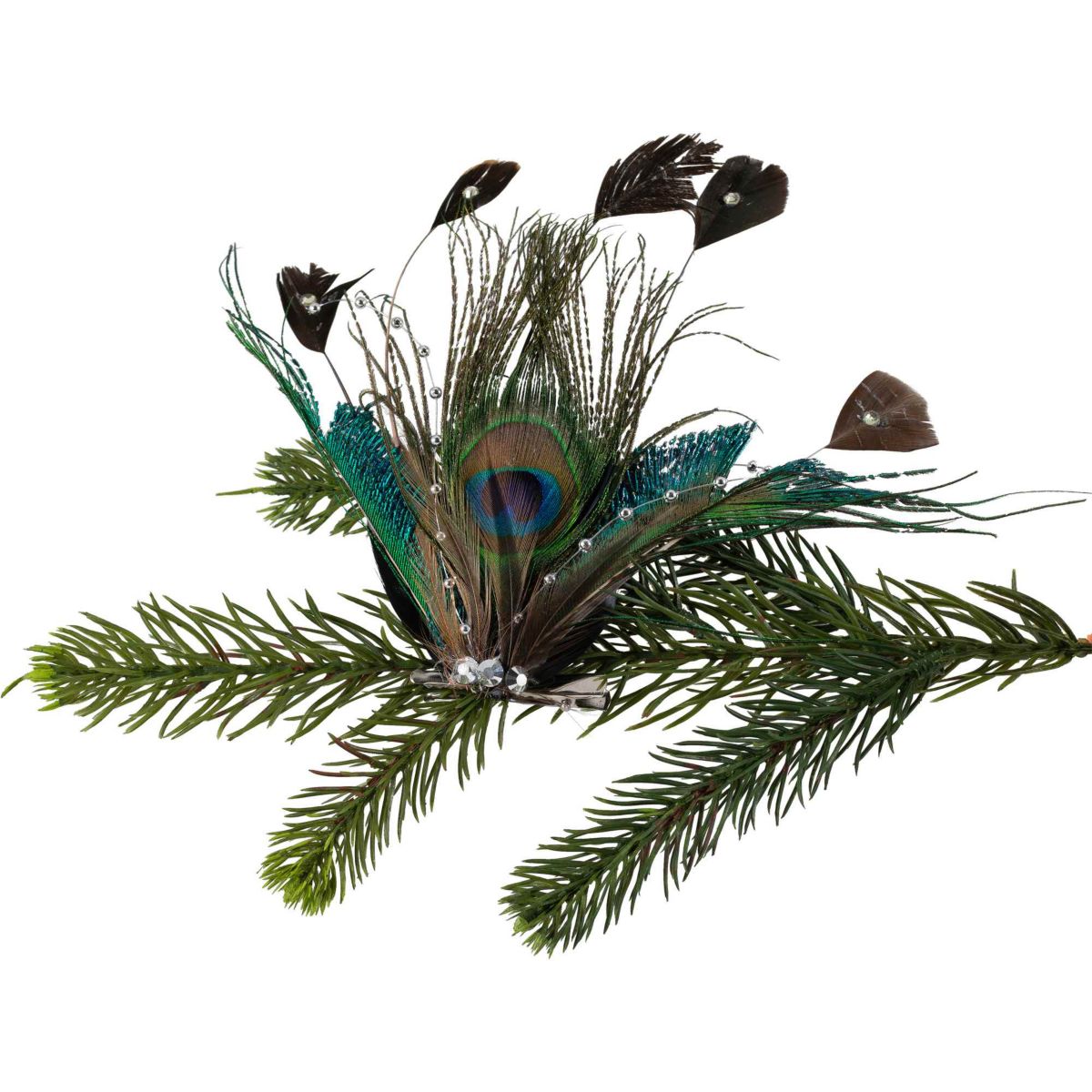 Peacock Ocelli Feather Clip-On Christmas Ornament -6" - Brown Green and Blue