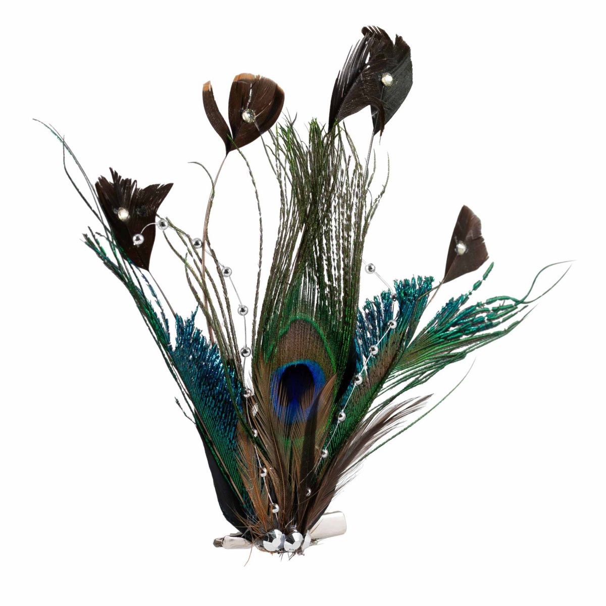 Peacock Ocelli Feather Clip-On Christmas Ornament -6" - Brown Green and Blue