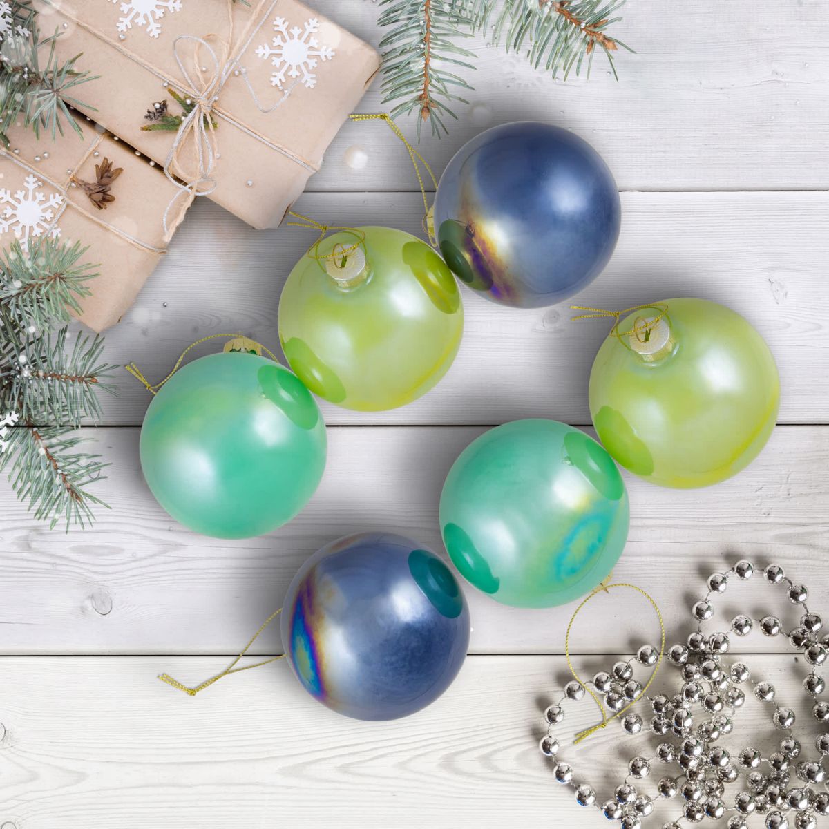 Shiny Glass Ball Christmas Ornaments - 3" (80mm) - Blue Green and Teal - 6ct