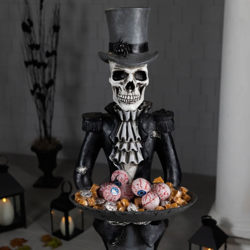 Skeleton Butler with Tray Standing Halloween Statue - 4.5