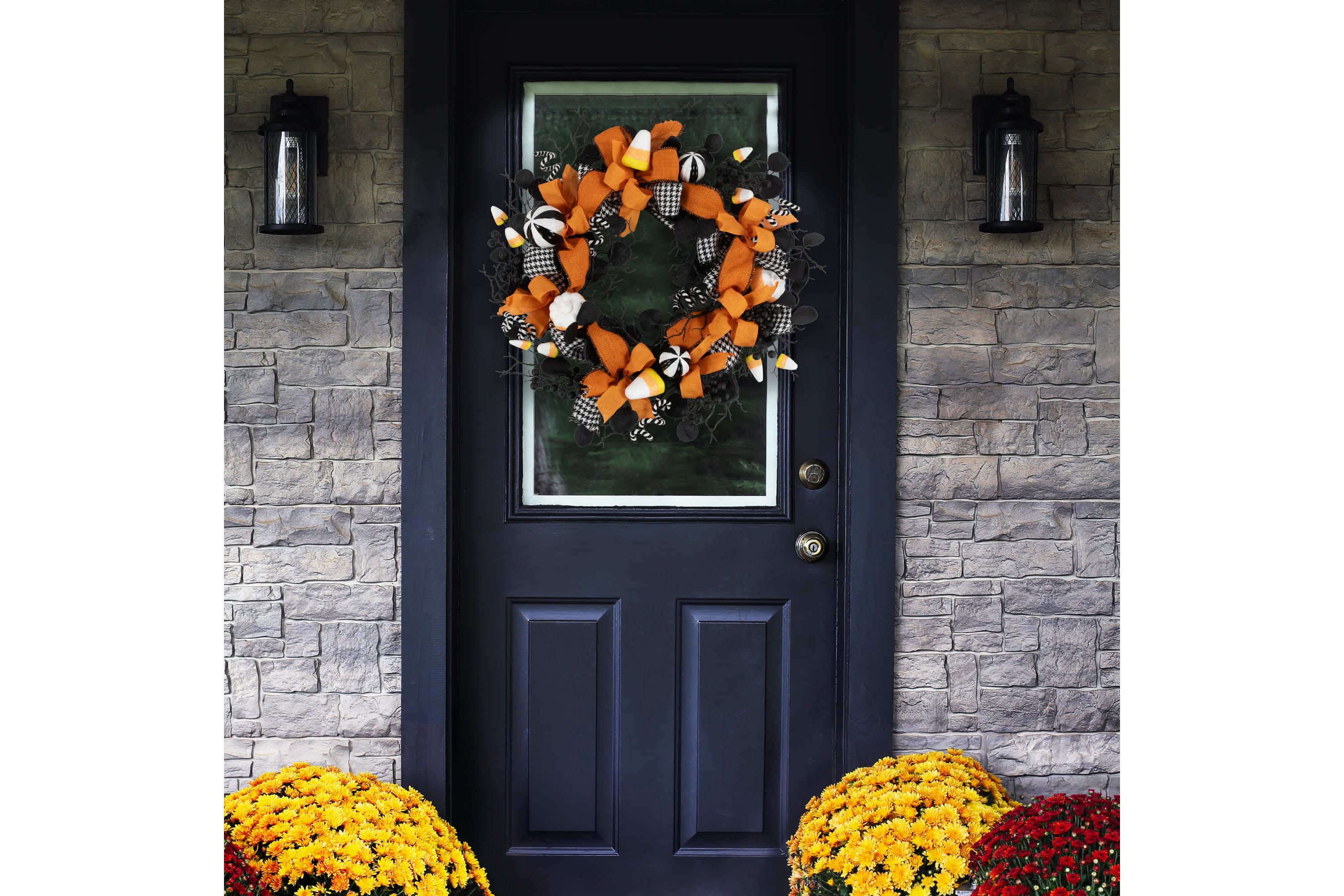 Houndstooth Bows and Candy Corn Halloween Wreath - 24" - Unlit