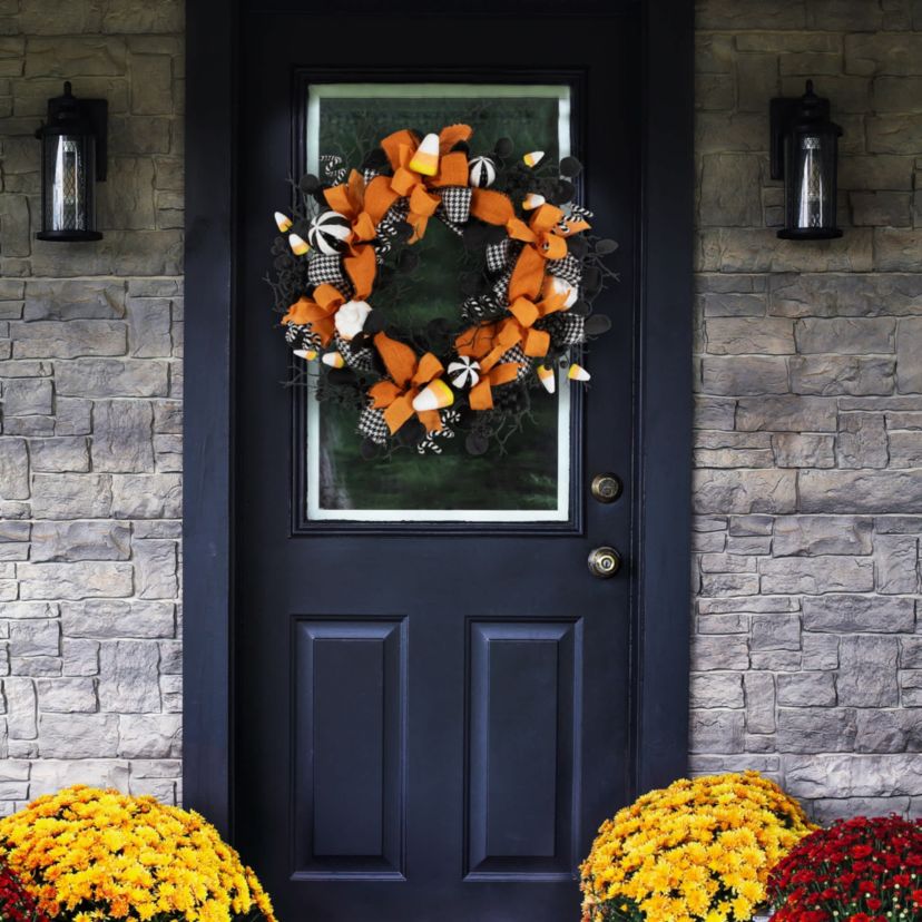 Houndstooth Bows and Candy Corn Halloween Wreath - 24" - Unlit