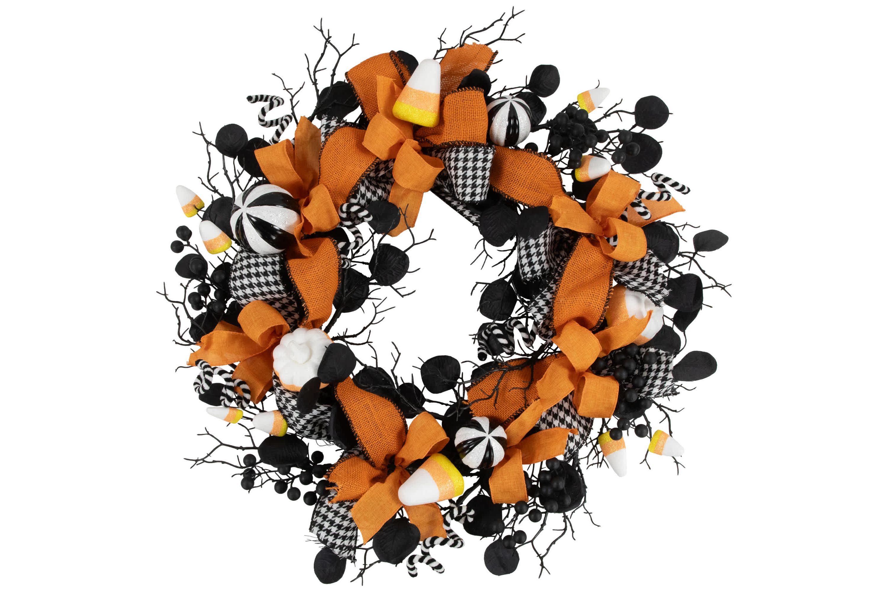 Houndstooth Bows and Candy Corn Halloween Wreath - 24" - Unlit