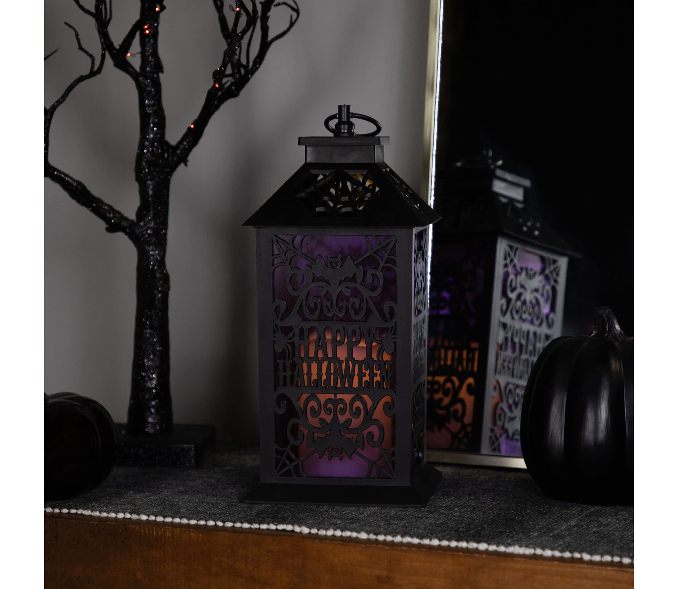LED LIghted Bats "Happy Halloween" Candle Lantern - 11" - Black