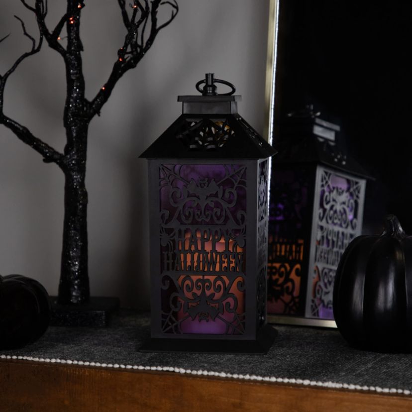 LED LIghted Bats "Happy Halloween" Candle Lantern - 11" - Black