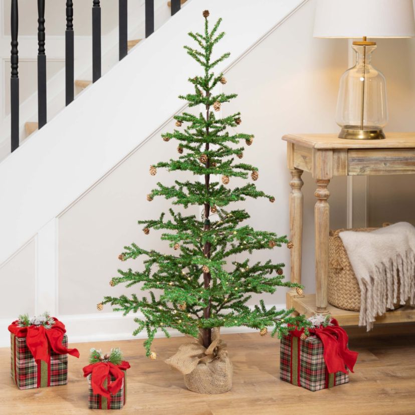 Pre-lit Christmas Tree with Pinecones and Burlap Base - 4 - Clear Lights