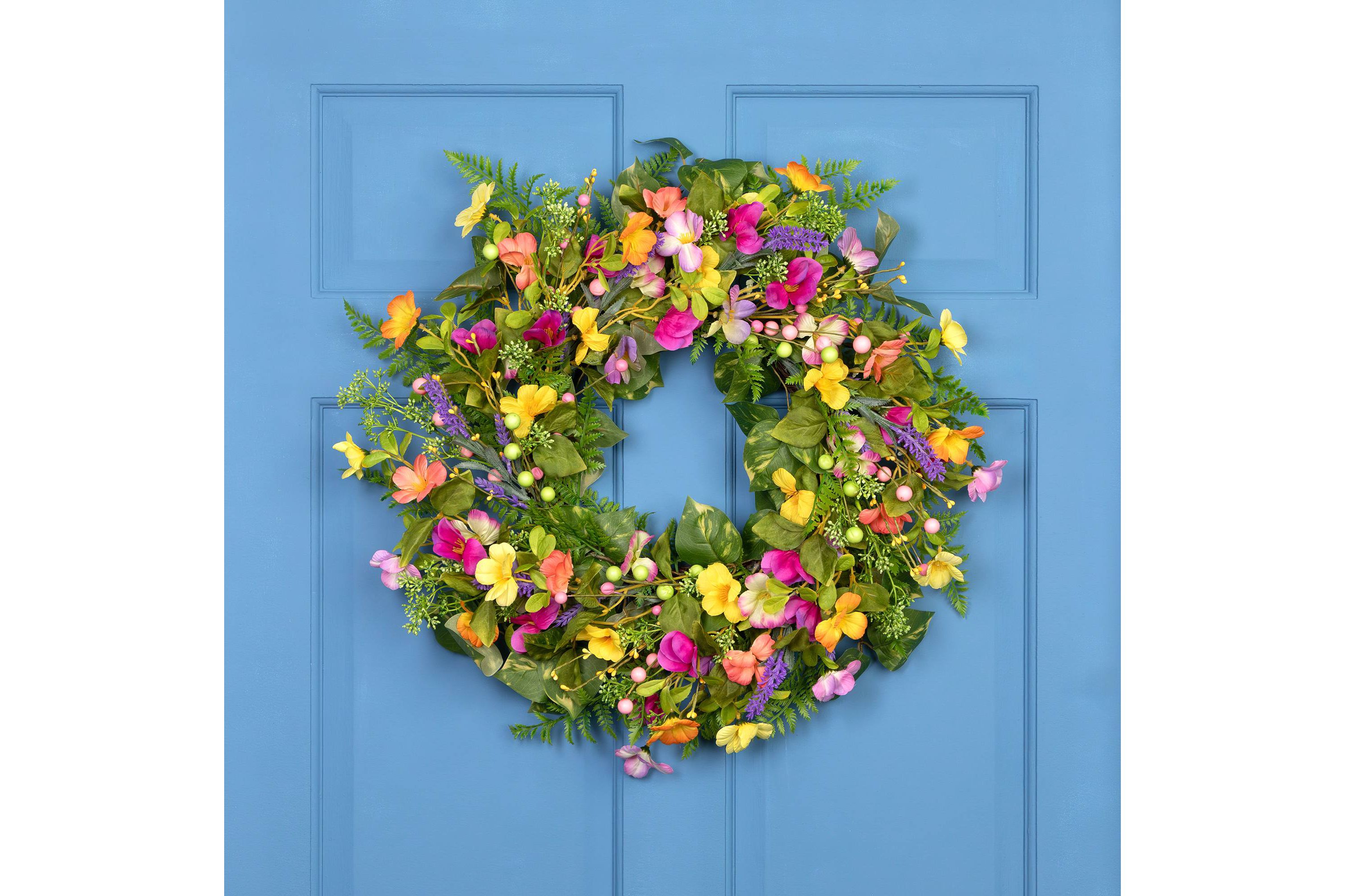 Mixed Floral Artificial Spring Wreath - 21.5" - Yellow and Pink