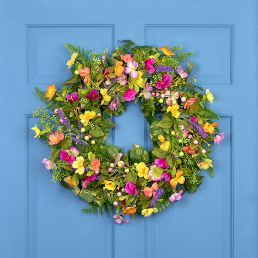 Mixed Floral Artificial Spring Wreath - 21.5" - Yellow and Pink