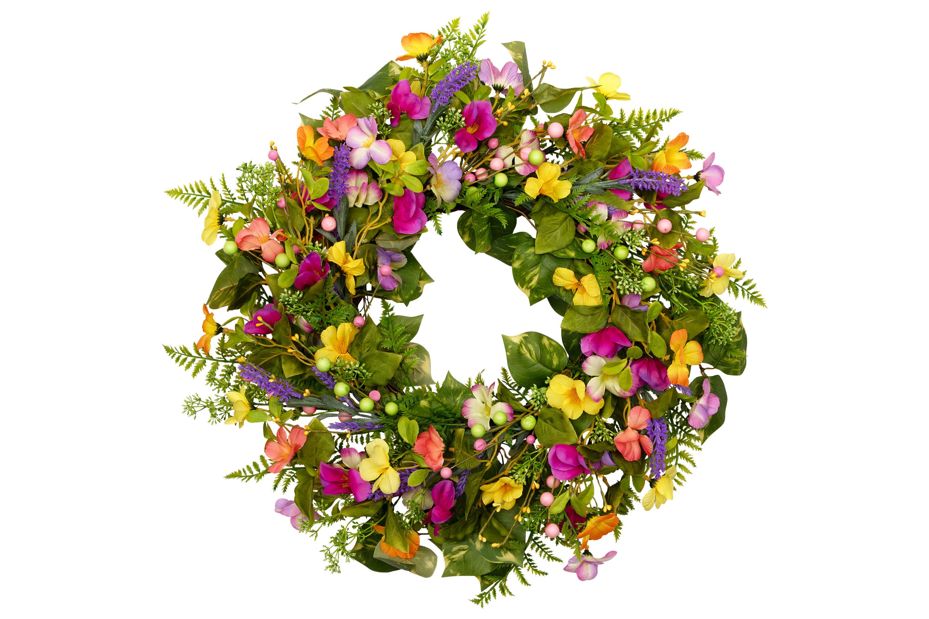 Mixed Floral Artificial Spring Wreath - 21.5" - Yellow and Pink