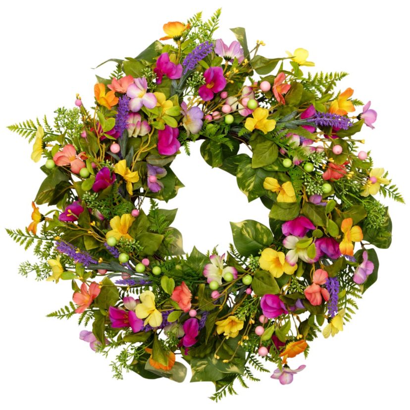 Mixed Floral Artificial Spring Wreath - 21.5" - Yellow and Pink