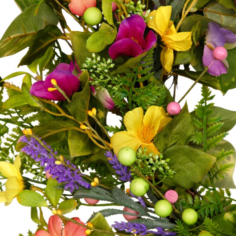 Mixed Floral Artificial Spring Wreath - 21.5" - Yellow and Pink